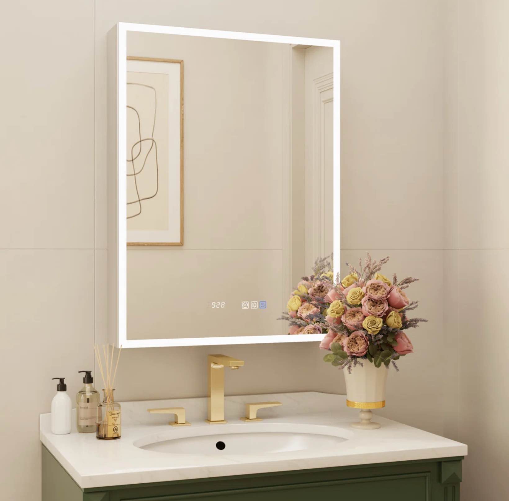 gothar led surface mount or recessed frameless medicine cabinet with mirror and 3 adjustable shelves – 32" h x 24" w