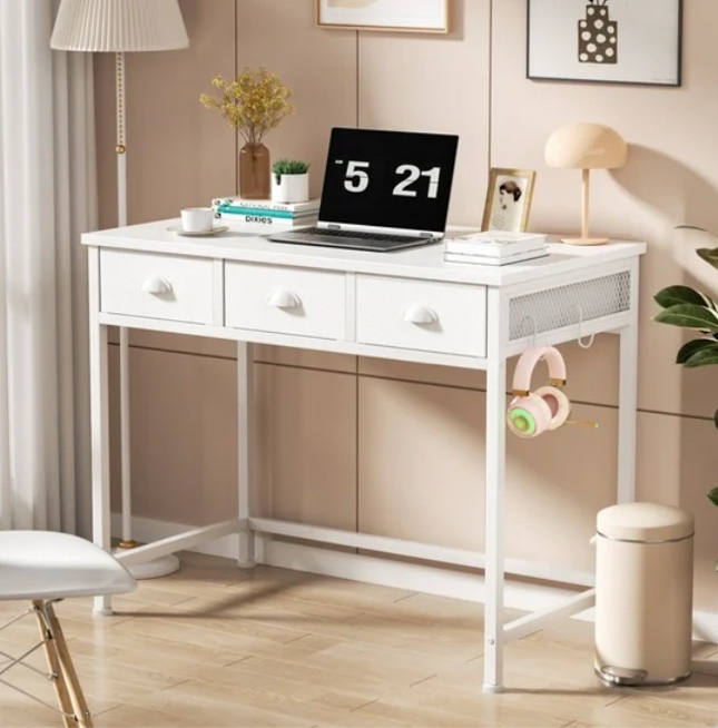 Satifur White Writing Desk with Drawers & Hooks, 40" Computer Desk with 3 Fabric Drawers for Bedroom, Home Office