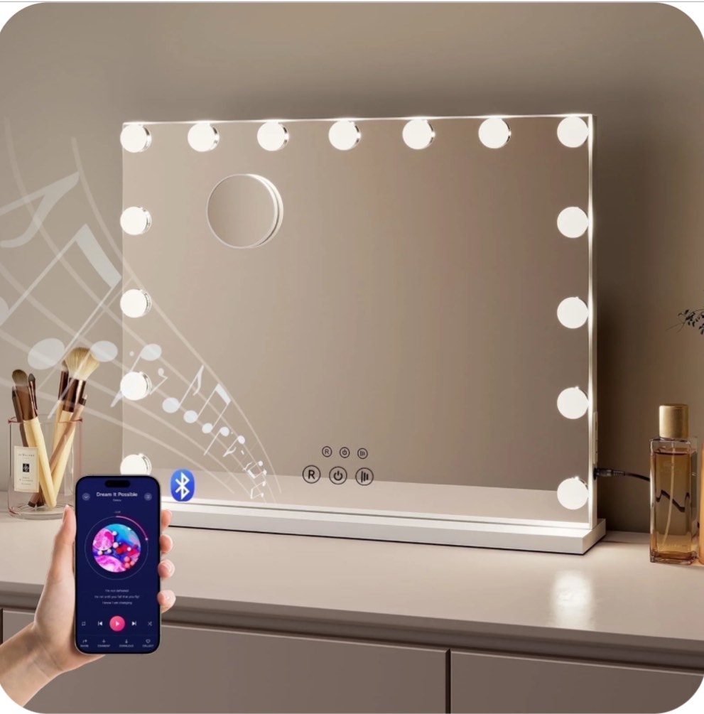 Kouse Vanity Makeup Mirror with Bluetooth Speaker, 15 LED Lights, 3 Color Modes, 10X Magnification, USB Charging