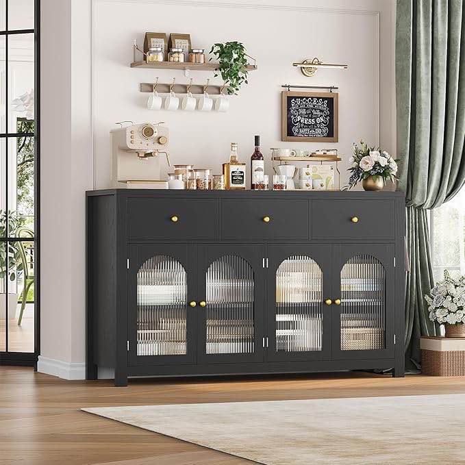 Homfa 55 Large Sideboard Buffet Cabinet Kitchen Storage Cabinet with 3 Drawers and 4 Glass Doors Wood Coffee Bar Cabinet for Living Room? Black