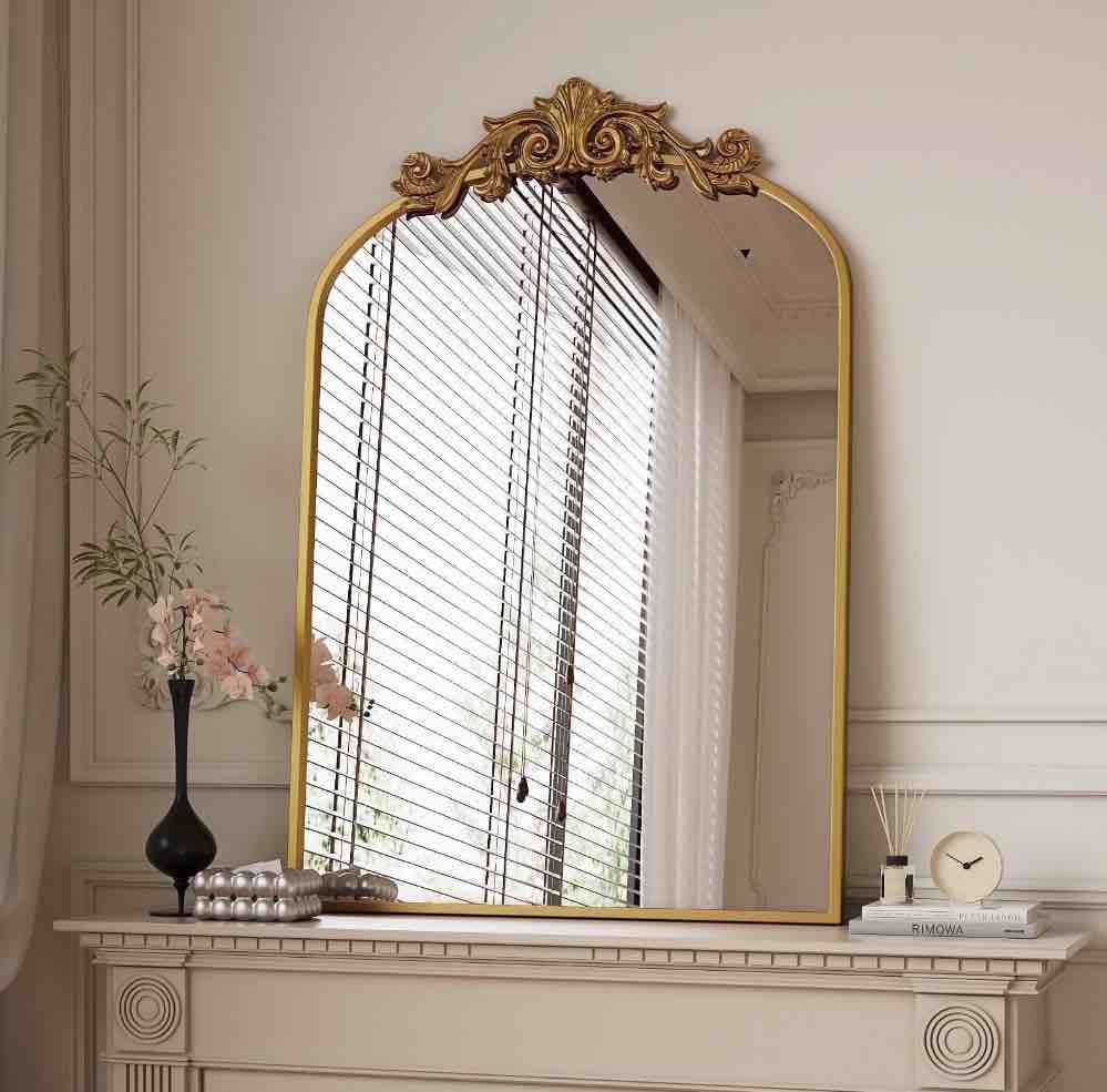 BEAUTYPEAK 38"x 24" Arched Bathroom Mirror Baroque Style Wall Decor,Gold
