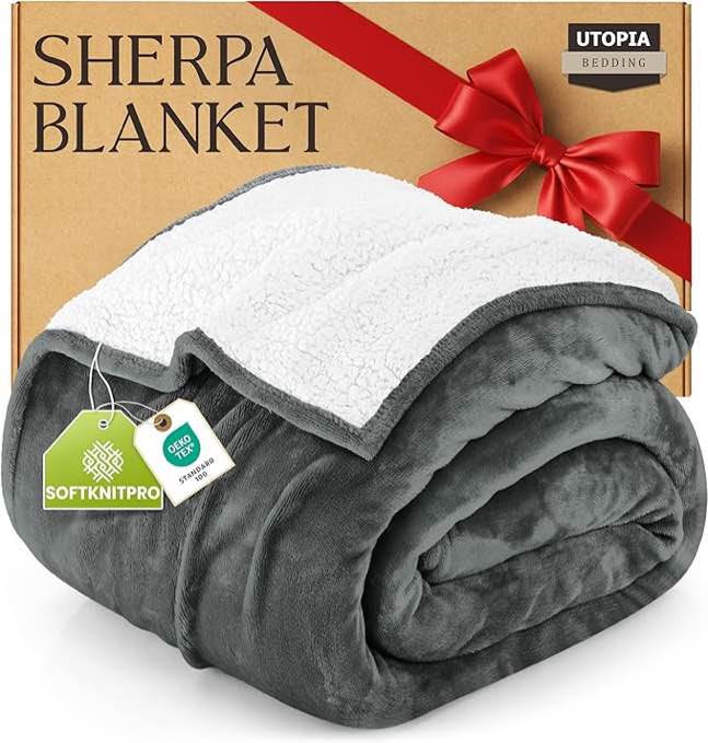 Utopia Bedding Sherpa Blanket Queen Size (Grey, 90x90 Inches) - Soft Lightweight Plush Fleece Reversible Blanket for Bed, Sofa, Couch, Camping and Travel