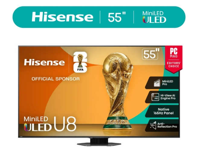 Hisense 55" Class U8 Series Mini-LED ULED 4K UHD Google Smart TV (55U8QG, 2025 Model) - QLED, Native 165Hz, Game Mode Ultra 288 VRR, Dolby Vision IQ, Dolby Atmos, Up to 5000 Nits, IMAX Enhanced