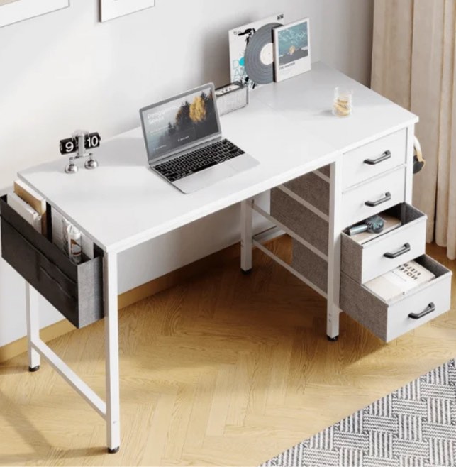 Casacomoda Computer Desk with 4 Storage Drawers , Writing Desk with Headphone Hook & Bag for Home Office, Study/Work Table for Bedroom and Small Space, White