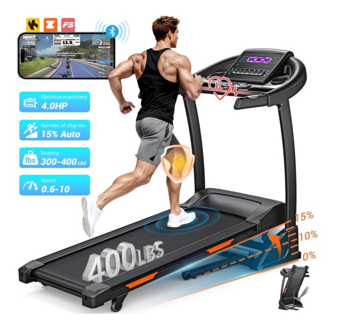 4.0HP Folding Treadmill, 300-400lb Capacity, 15 Levels Auto Incline Treadmills for Home Running and Walking Max 10MPH Speed Dprodo Foldable EleTreadmill Running Machine with APP & Bluetooth
