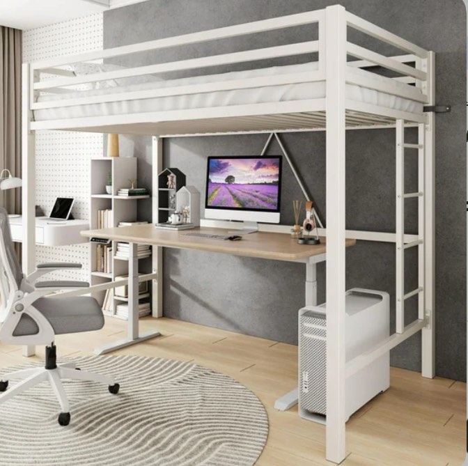 Amolife Twin Size Heavy Duty Metal Loft Bed with Removable Ladder & Full-Length Guardrail, White