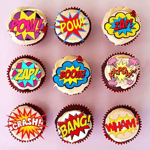 19 Pre-Cut Edible WAFER Super Hero Logos POW BANG Cupcake Toppers