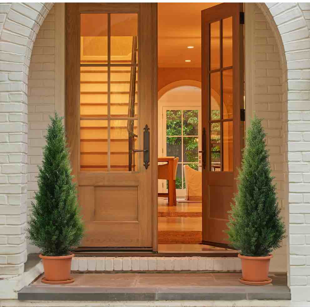 Artificial Cedar Tree 2 Pack 4 ft Outdoor Artificial Topiary Cedar Plants Fake Tree UV Rated Potted Tree for Perfect Housewarming Gift, Set of 2