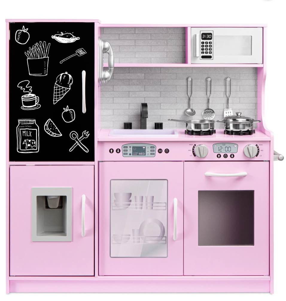Best Choice Products Pretend Play Kitchen Wooden Toy Set for Kids w/ Telephone, Utensils, Oven, Microwave - Pink