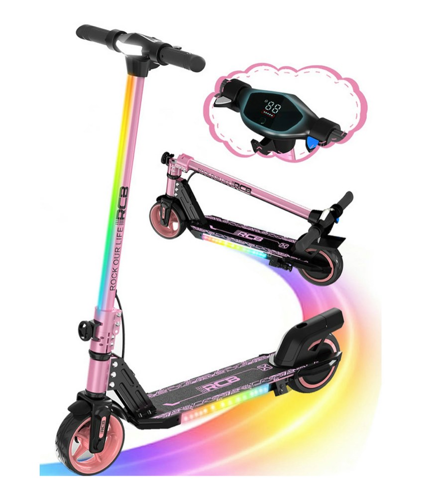 RCB Electric Scooter for Kids,Max Speed 9.3 mph,6.5 Miles Range,Rainbow LED Lights&Display,Foldable&Portable,Pink