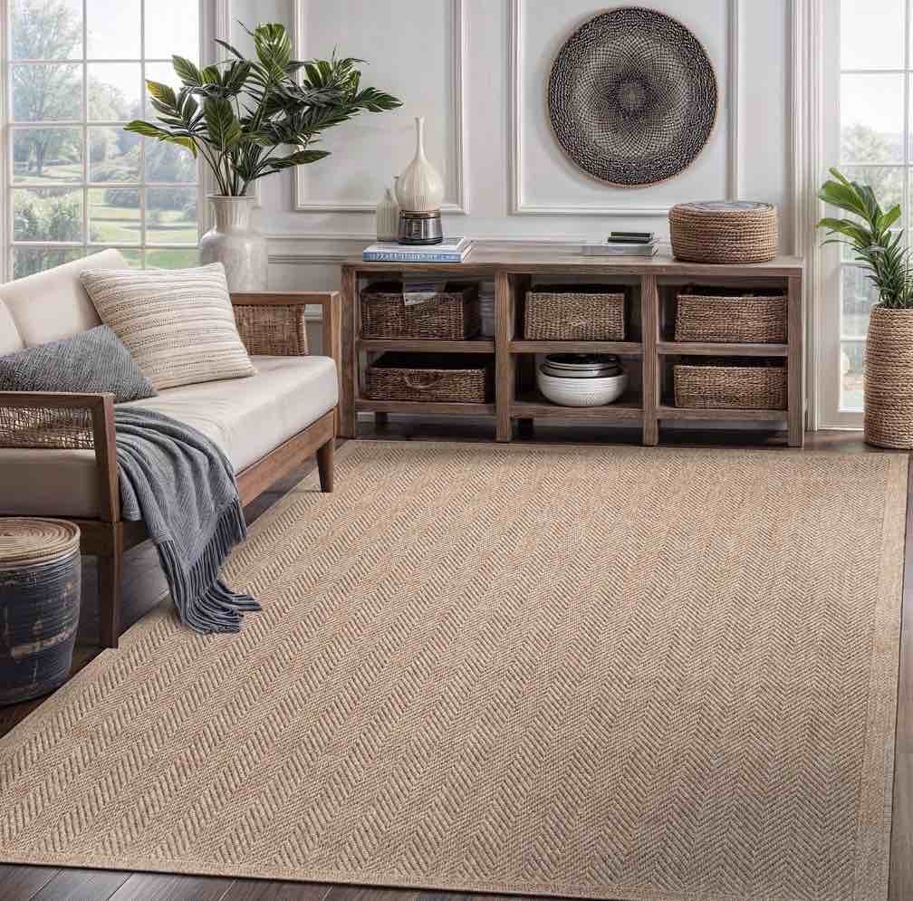 CAMILSON Easy Jute Rug Indoor Outdoor Farmhouse Area Rugs Herringbone-Natural 9x12