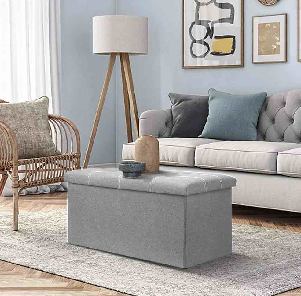 Kibhous 30" Storage Bench Folding Storage Ottoman Bench, Linen Coffee Table Folding Long Shoes Footstool Dressing Stool, Suitable for Living Room Bedroom, Gray