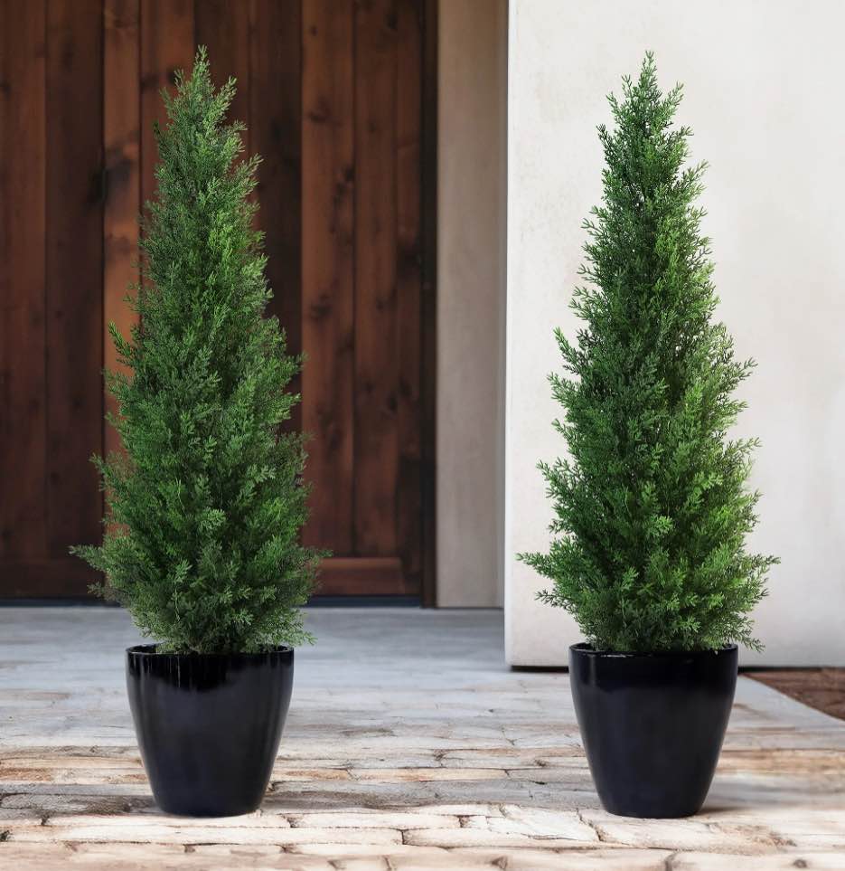 Artificial Cedar Tree 2 Pack 3 ft Outdoor Artificial Topiary Cedar Plants Fake Tree UV Rated Potted Plants for Porch Decor Faux Pine Tree for Perfect Housewarming Gift