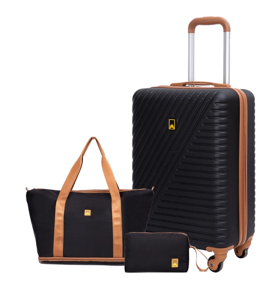 Landisun 3 Piece Carry-on Luggage Sets, Hardside Suitcase Set with Spinner Wheels, Portable Travel Bag and Toiletry Bag, Black