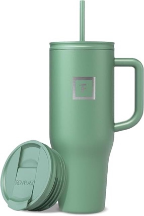 iron °flask co-pilot insulated mug w/straw & flip cap lids - cup holder bottle for hot, cold drink - leak-proof- water, coffee portable travel tumbler - sage, 40 oz 40 oz sage