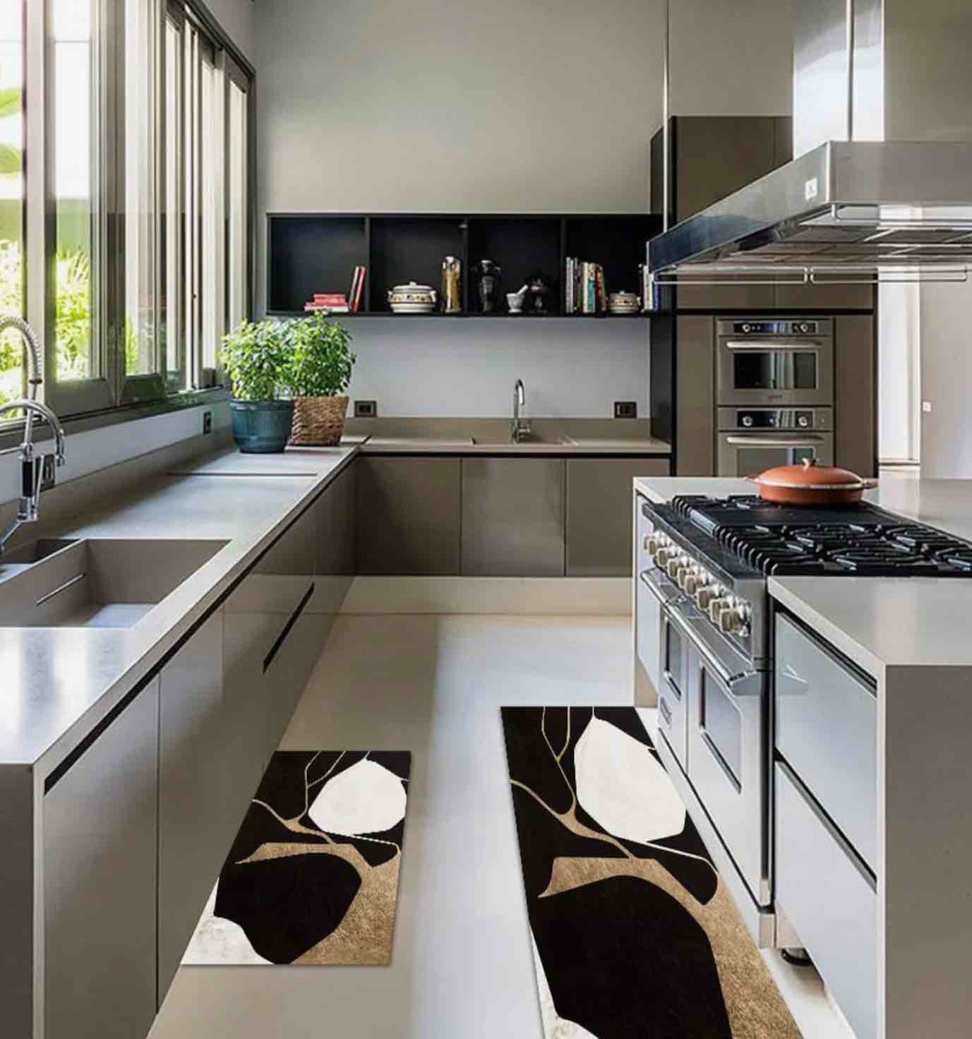 2PCS Abstract Gold&Black Diatom Mud Running Mat Non-Slip Absorbent Kitchen Rug Set