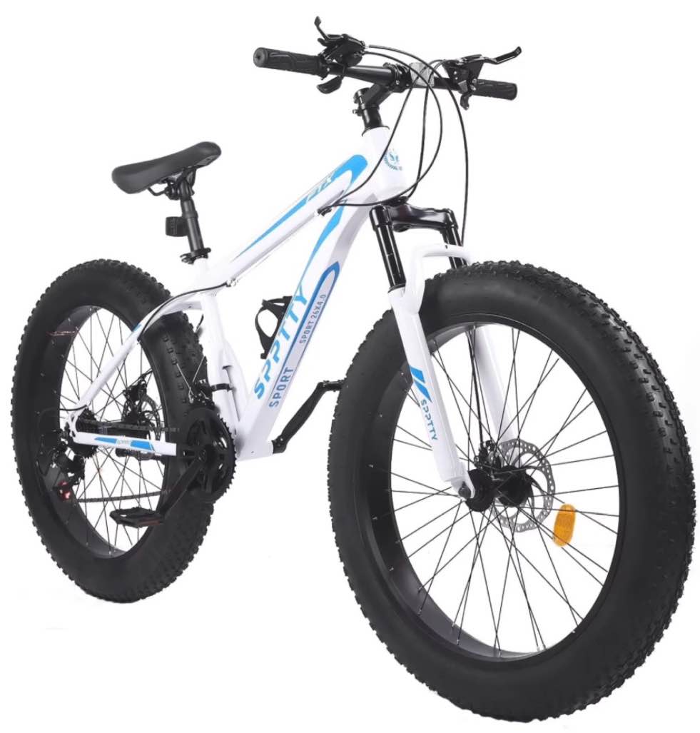 SPPTTY 26" Fat Tire Mountain Bike,4" Non-Slip Wide Tires with 21 Speed,Dual Disc Brakes,Bicycle for Men and Women Blue