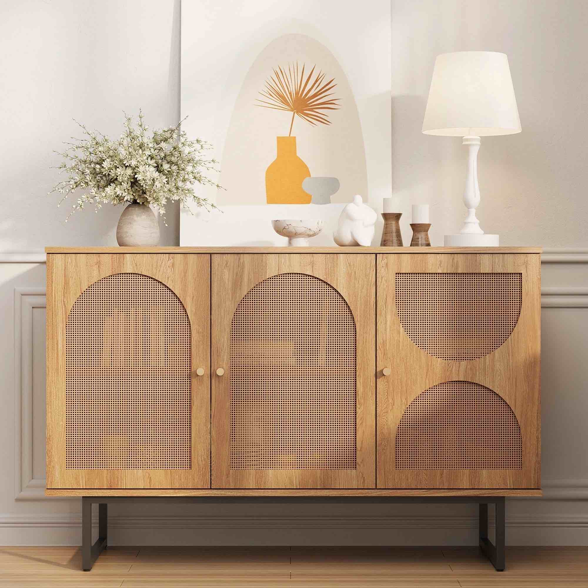 Sideboard Buffet Cabinet with 3 Rattan Doors, 47.2” Kitchen Storage Cabinet with Adjustable Shelf and Metal Legs for Dining Living Room, Hallway, Entryway, Beige