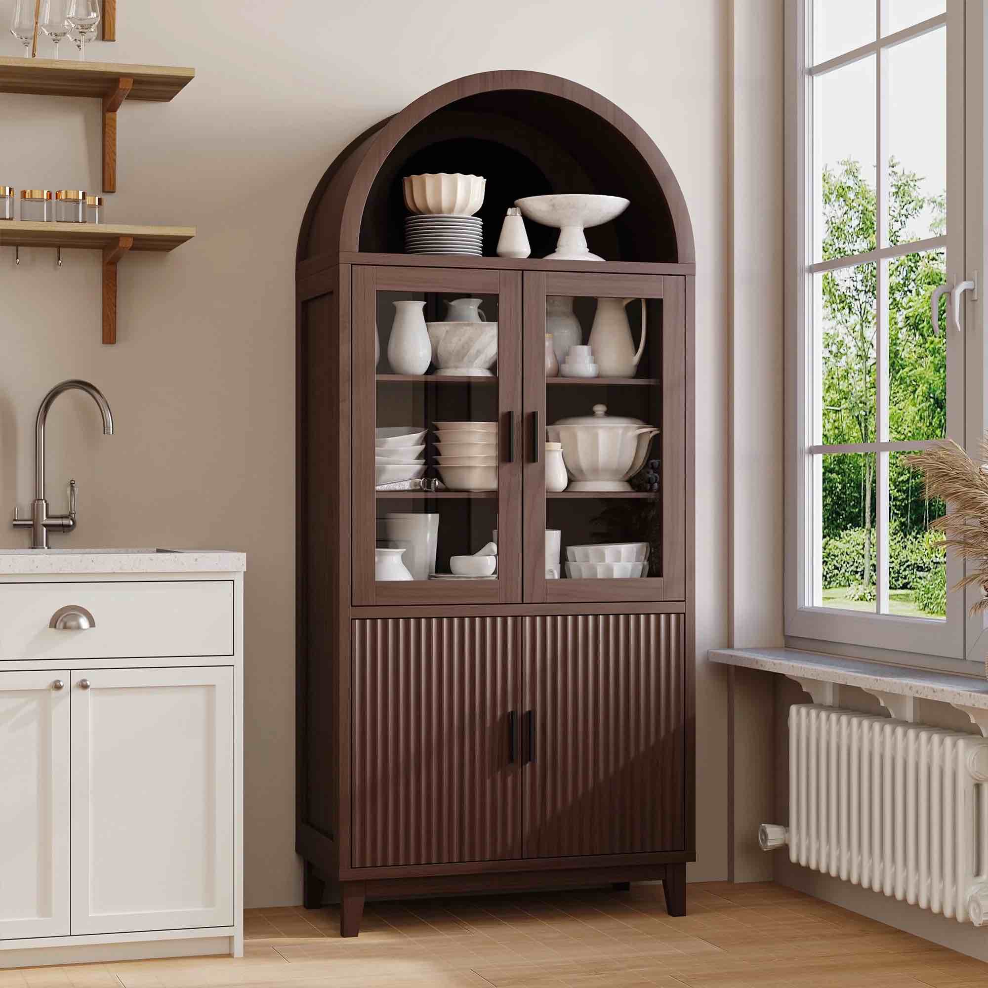 VEANERWOOD 71" Tall Arch Cabinet, Wood Fluted Kitchen Pantry Storage Cabinet with 4 Doors and 6 Shelves for Dining Room Living Room