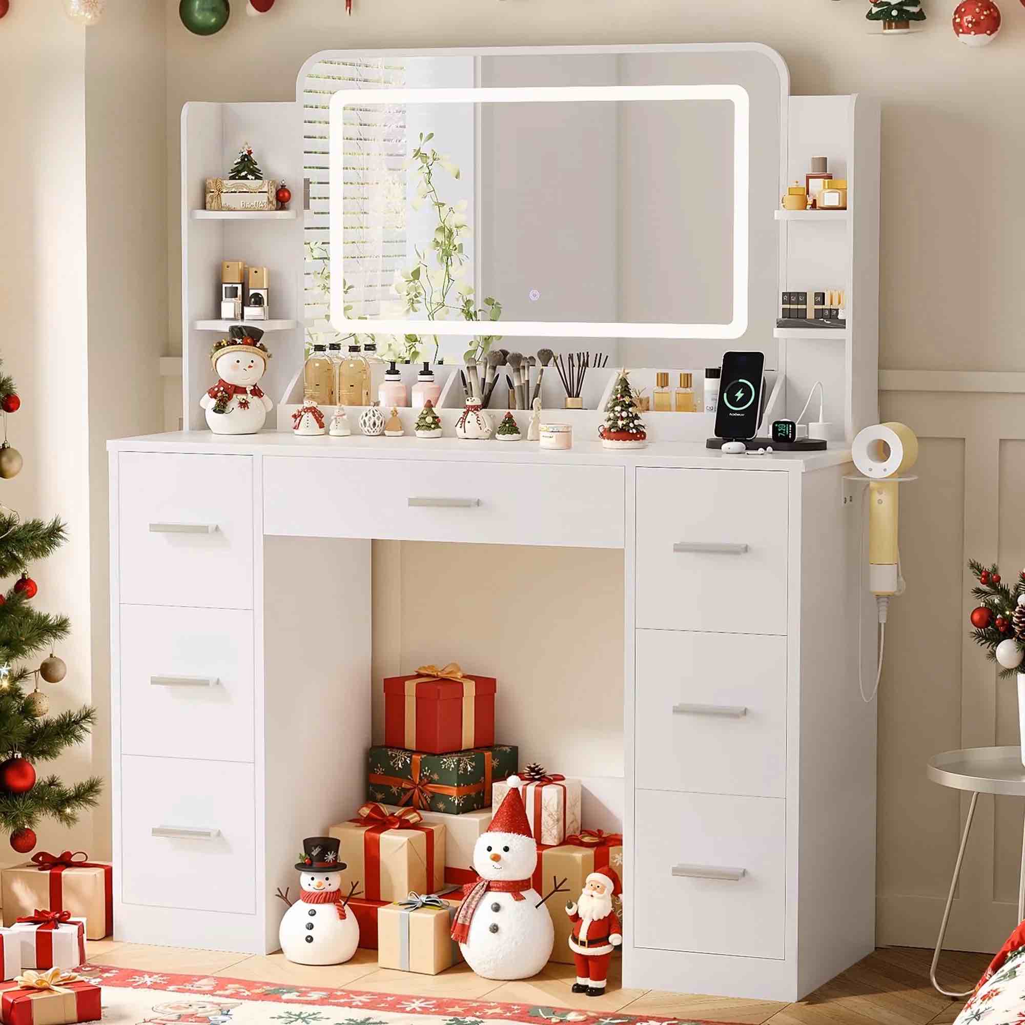 Furmax Makeup Vanity Desk with LED Mirror, Modern Vanity Table Set with Storage & Power Outlet for Bedroom & Dressing Room, White