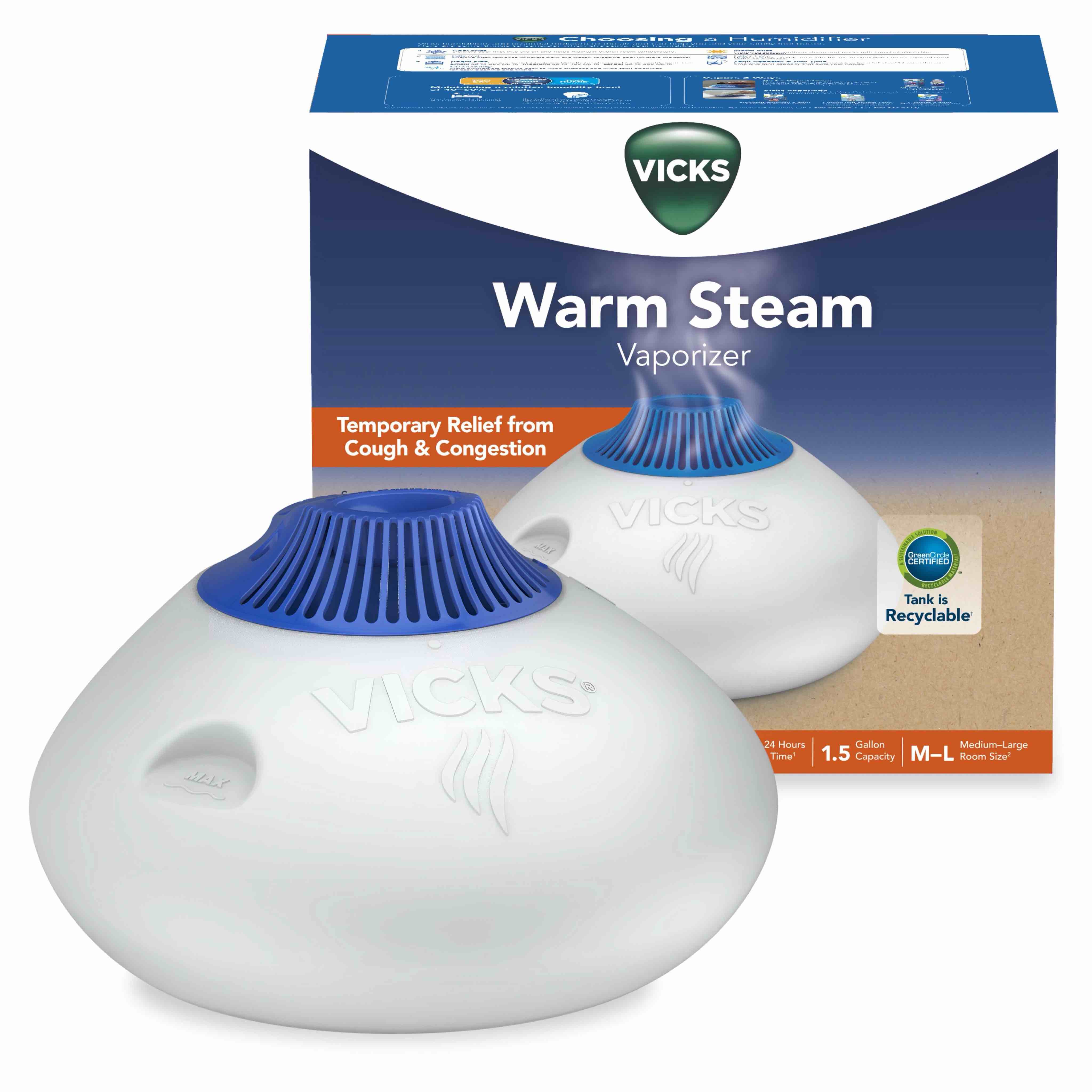 Vicks Warm Steam Vaporizer Humidifier with Night Light, 1.5 Gal, 600 Sq. Ft, White, V150SGNLUPCV2