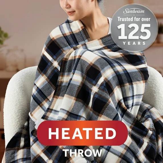 Sunbeam Heated Throw Blanket Super Soft Microplush Oversize Merlot Plaid Faux Shearling 4 Heat Settings