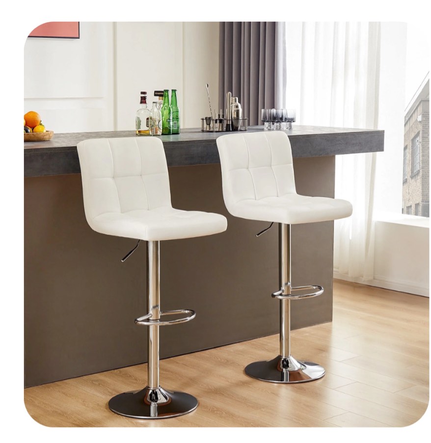 CONCETTA Set of 2 White Swivel Bar Stools, Adjustable PU Leather with Back & Footrest