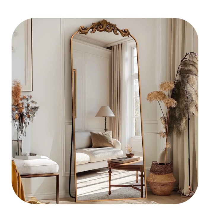Antok 58"x18" Vintage Arched Full-Length Mirror with Carved Metal Frame, Baroque-Style Floor Mirror, Bronze