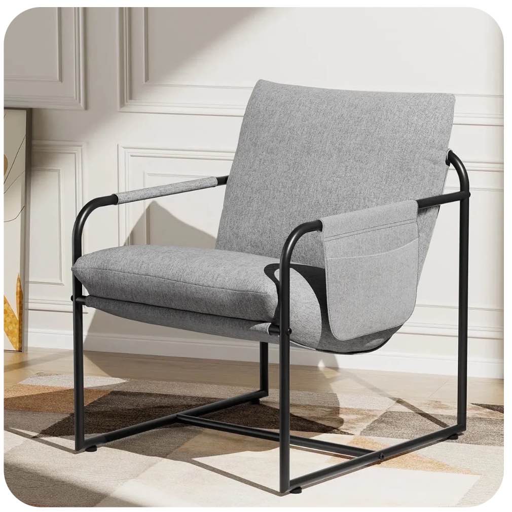 Hommpa Accent Chair Morden Arm Chair Metal Frame with Removable Storage Bag,Sling Accent Chair Linen Fabric for Living Room Bedrooms Home Theater, Modern Grey