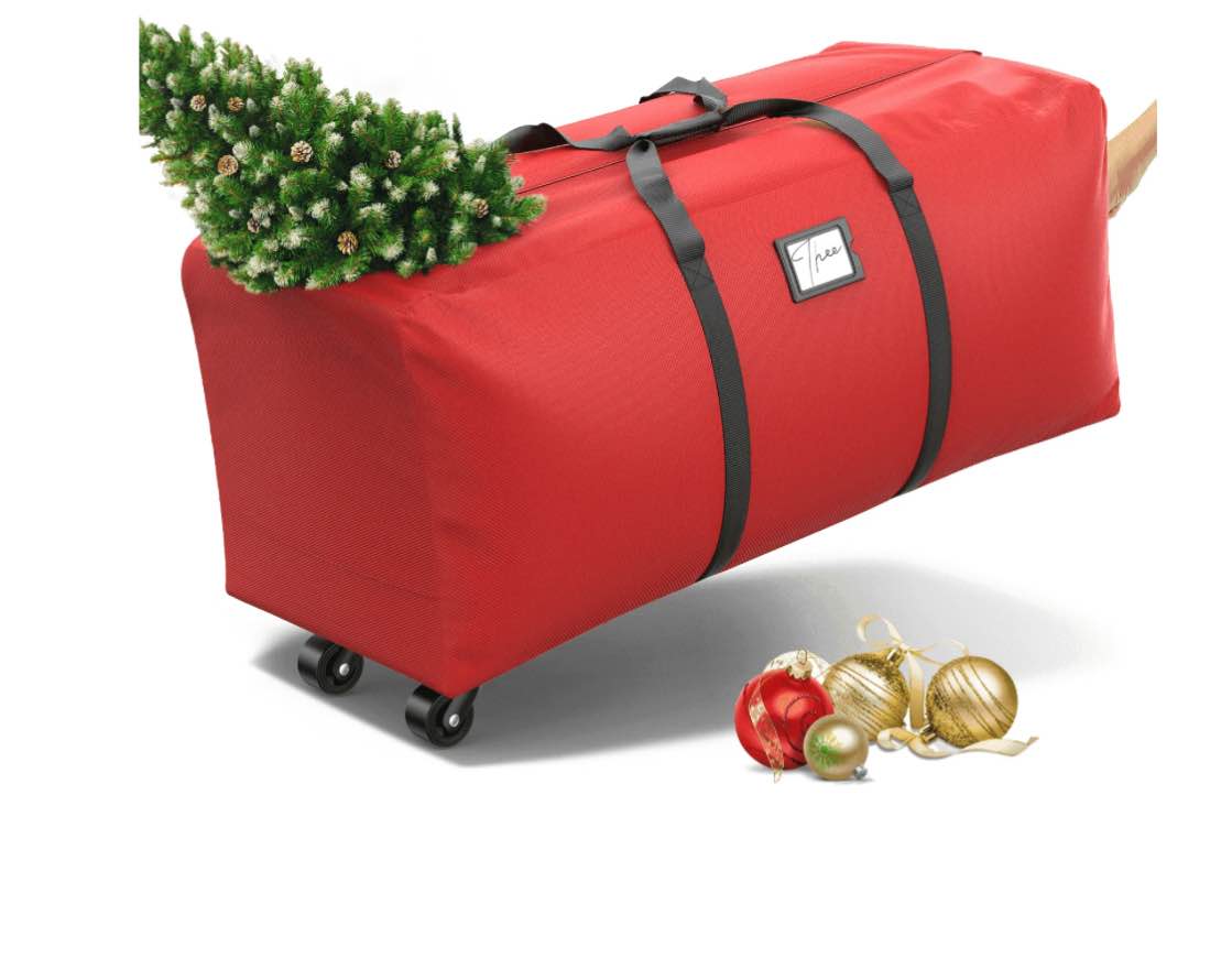 Rolling Christmas Tree Storage Bag, Waterproof Anti-Tear Heavy-Duty 600D Oxford Cloth Ornament, 9ft Christmas Tree Storage Box with Rolling Wheels, Red