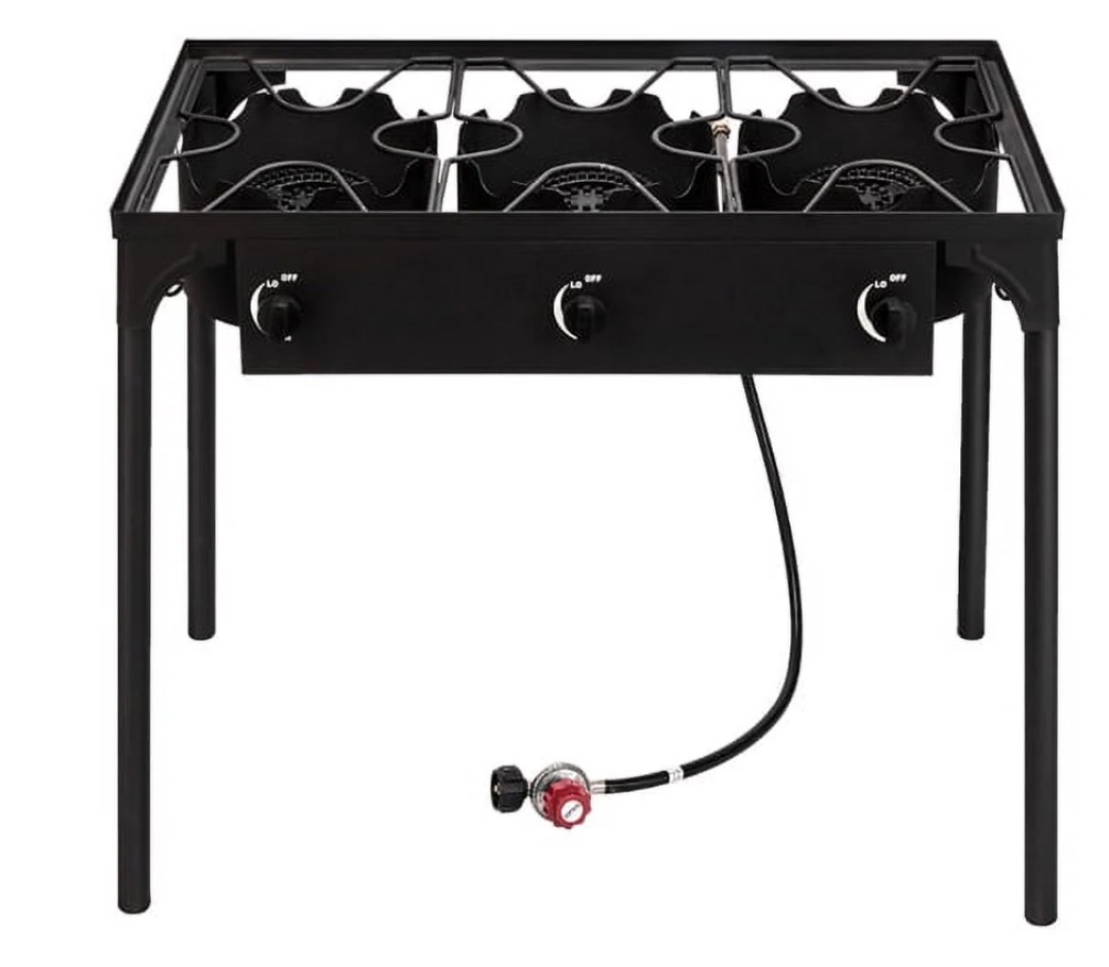 Three Burner Camp Stove 225000 BTU, Cast Iron, Adjustable 0-20 PSI, Portable