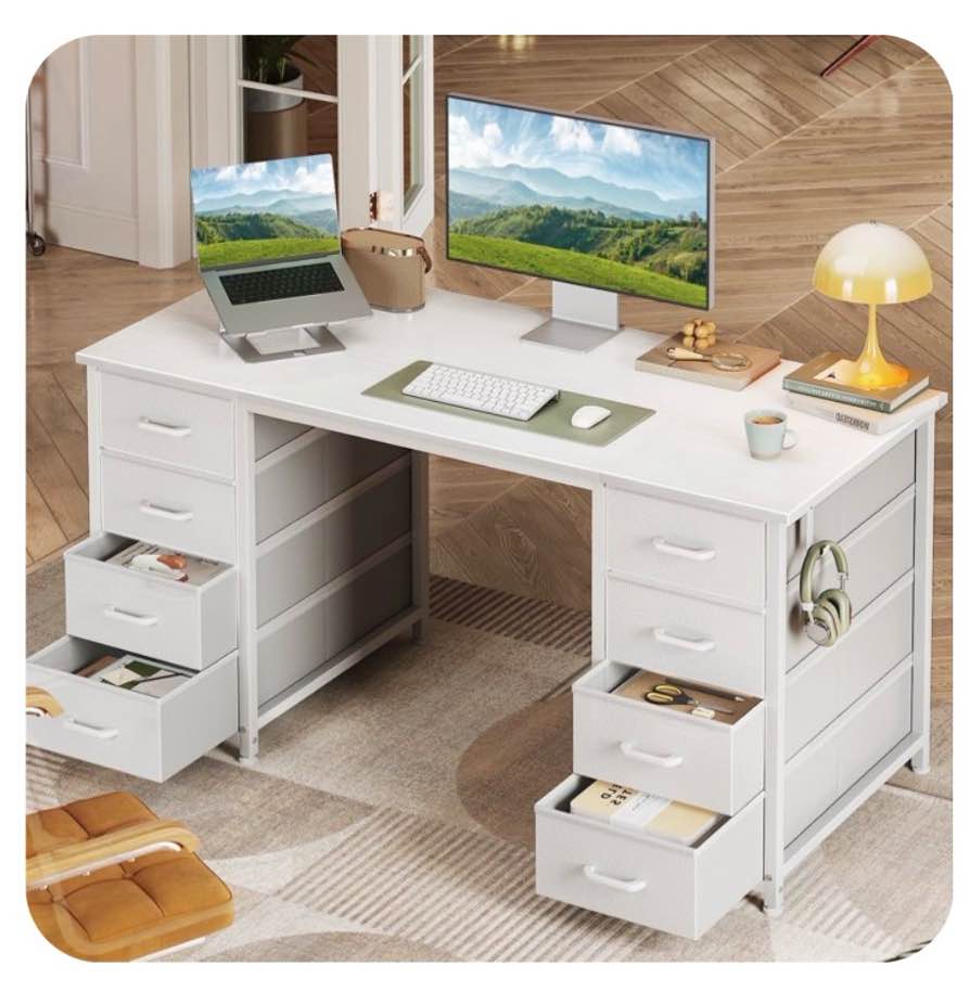 White Computer Desk with Drawers for Storage - 48 inch Home Office Desk with 8 Fabric Drawers, Writing Study Desk with Drawers on Both Sides for Bedroom