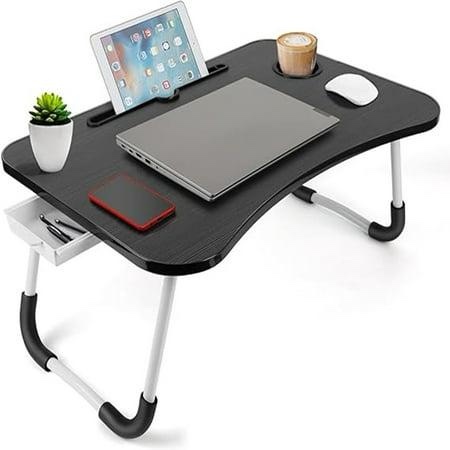 VINAUO Foldable Lap Desk  23.6in Lap Table Bed Tray  Lap Desk with Drawer Cup Holder and iPad Slots  Portable Wood Breakfast Bed Trays  Foldable Lap Desk for Working Writing Watching & Eating  Black
