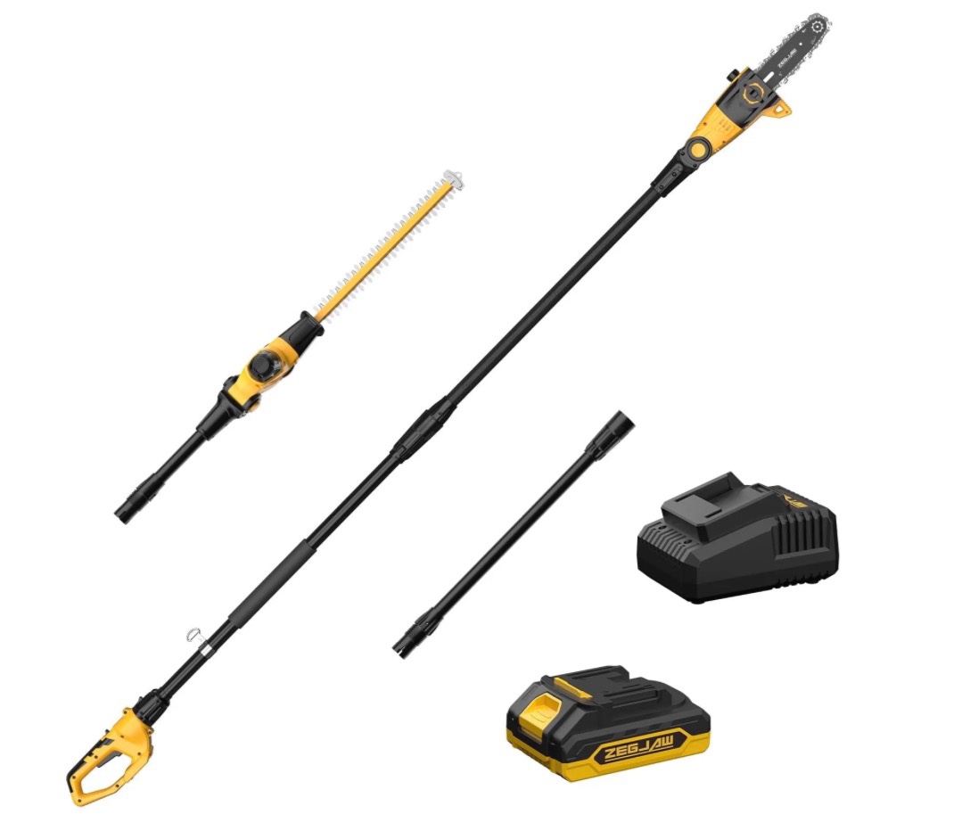 ZEGJAW Pole Saw 8-Inch Cordless Tree Trimmer and 18-Inch Pole Hedge Trimmer 2-In-1,15-Feet Max Reach, Auto Oiling, Telescoping Pole Chainsaw with 2.0Ah Battery & Charger