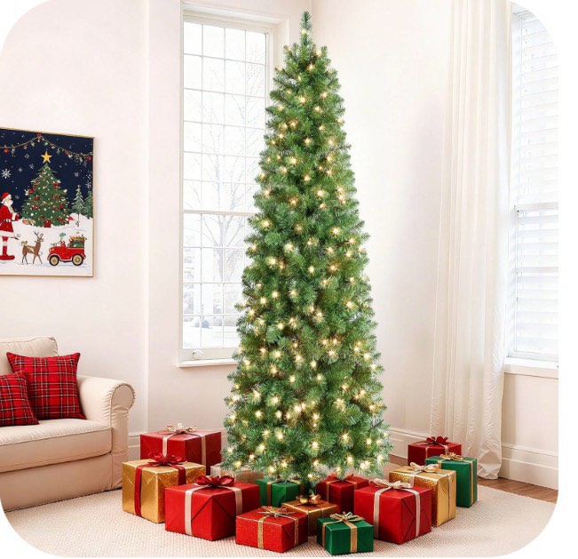 Alupssuc 6.5ft Prelit Artificial Slim Pencil Christmas Tree w/ Warm White Lights, Full Branch Tips, Perfect Choice Decoration for Xmas Holiday