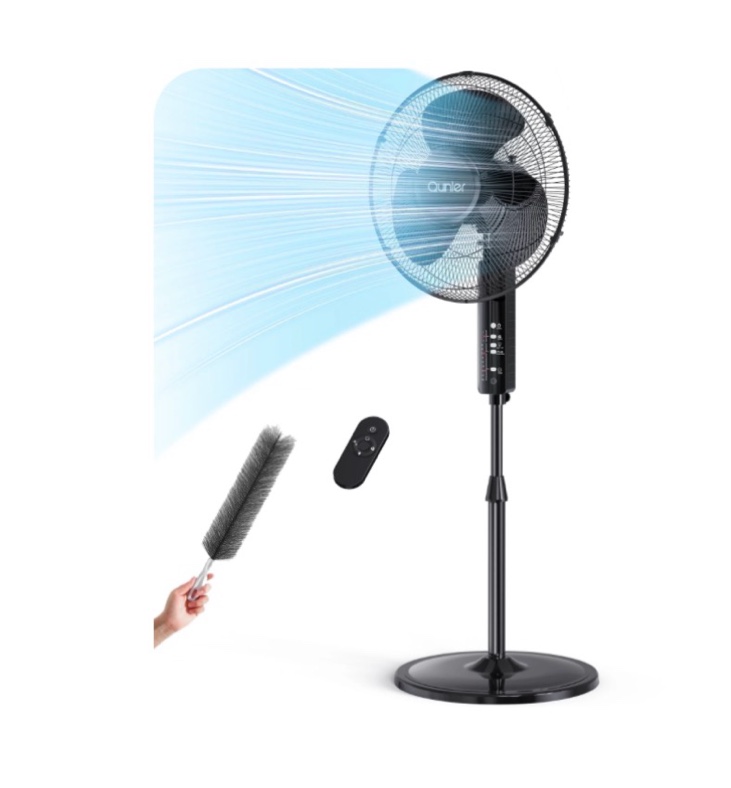 Qunler 16'' Pedestal Oscillating Fan with Remote Control, Stand up Fan Adjustable Height, 3-Speed, Electric Cooling Fans for Bedroom Home Office Use