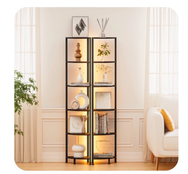 Satifur Corner Shelf Bookcase with LED Light Strip, 6-Tier Corner Bookshelf for Living Room, Bedroom