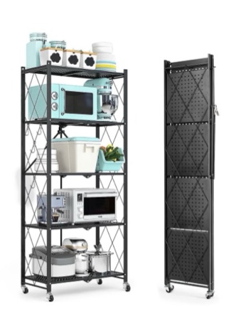 COOKCOK 5-Tier Storage Shelving Unit, Metal Shelf 27.9"x13.4"x62.5, Foldable Storage Shelf with Wheels, Garage Shelf, Metal Storage Rack, Kitchen Shelf with 4 Hooks, No Assemble Require