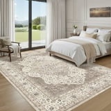 UERMEI 9'x12' Washable Area Rugs for Living Room, Vintage Floral Boho Printed Carpet, Non Slip Indoor Rug for Bedroom Home Decor Carpets - Brown