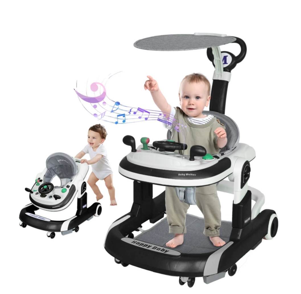 HAOUUCYIN 5-in-1 Baby Walker with Foot Pads/Handles for Girls Boys, Black