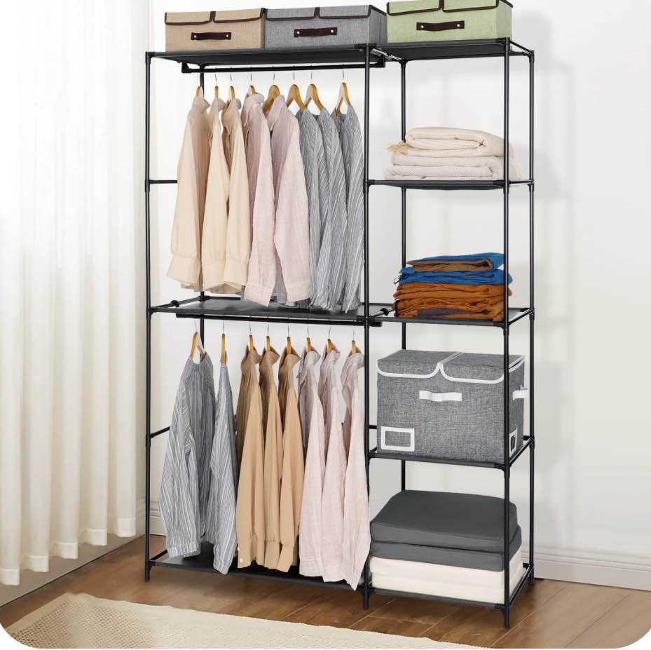 Garment Rack, HONEIER Portable Closet Multifunctional Metal Storage Rack with 5 Shelves, 2 Hanging Rods Freestanding Wardrobe Clothes Rack, Closet Organizers Storage