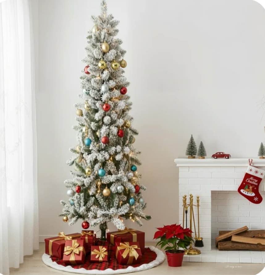 MCQ 9FT Flocked Pencil Christmas Tree - Festive Pre-Lit Artificial Decor with Durable Metal Base and lighted