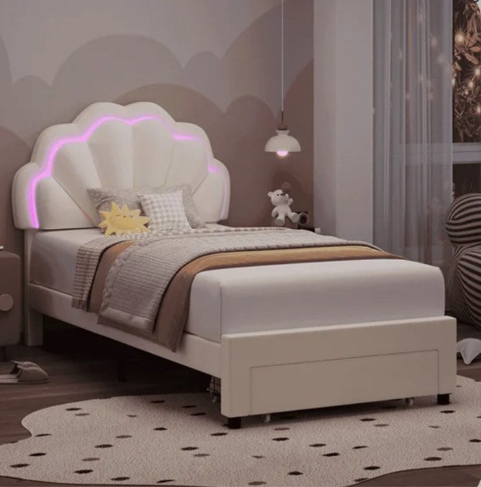 Homfa Twin Bed Frame with Storage & LED Light, Velvet Upholstered Platform Twin Bed with Adjustable Petal Headboard, Beige