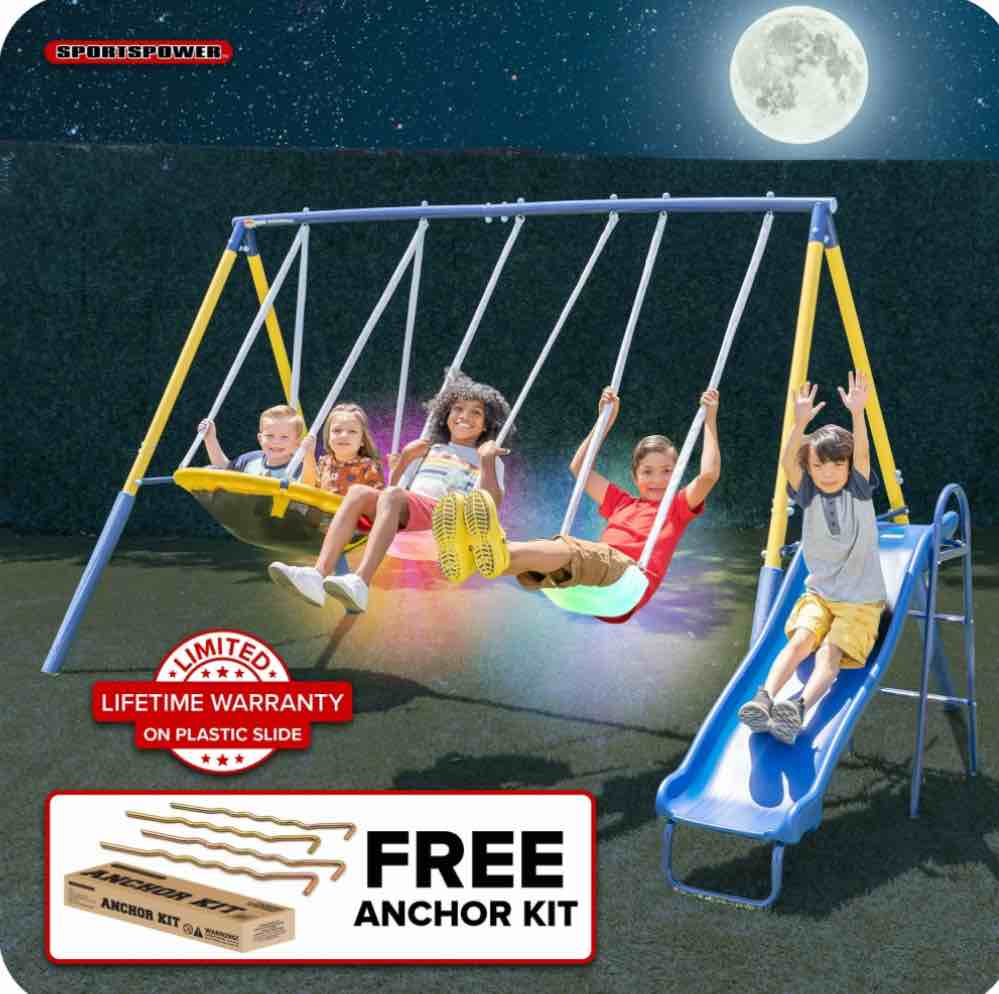 Sportspower Starlight Metal Swing Set for Kids Ages 3–8 with 2 LED Swings, Saucer Swing, 5ft Slide, 6ft Durable Steel Frame & Bonus Anchor Kit