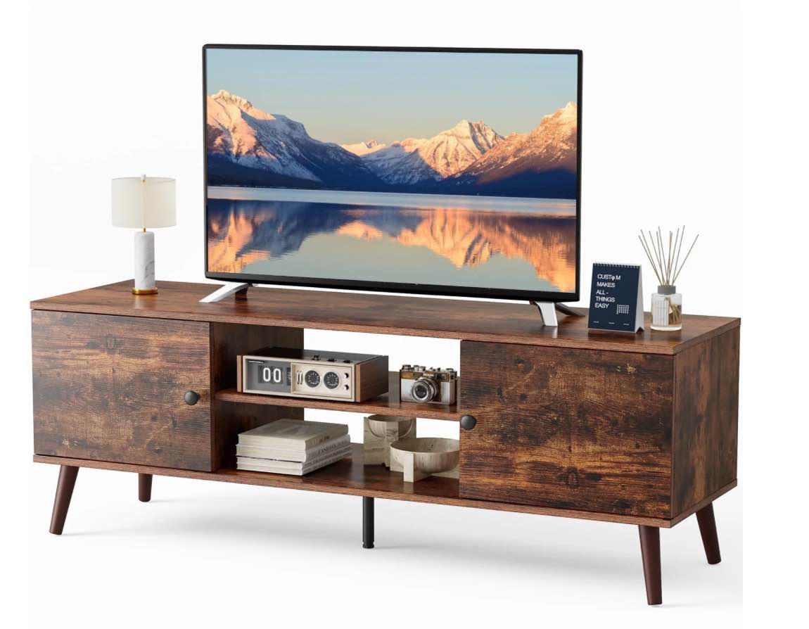 edx Modern TV Stand for 55-60 inch TV, Mid Century Entertainment Centre, Media Console Table with Storage for Living Room, Office, Brown