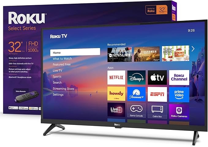 Roku Smart TV 2025 – 32-Inch Select Series, 1080p Full HD TV – Roku TV with Voice Remote – Flat Screen LED Television with Wi-Fi for Streaming Live Local News, Sports, Family Entertainment