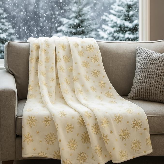 Winter Holiday Christmas Fleece Throw Blanket Velvety Soft, Gold Snowflakes Stars Design, Durable Accent for Bed or Couch