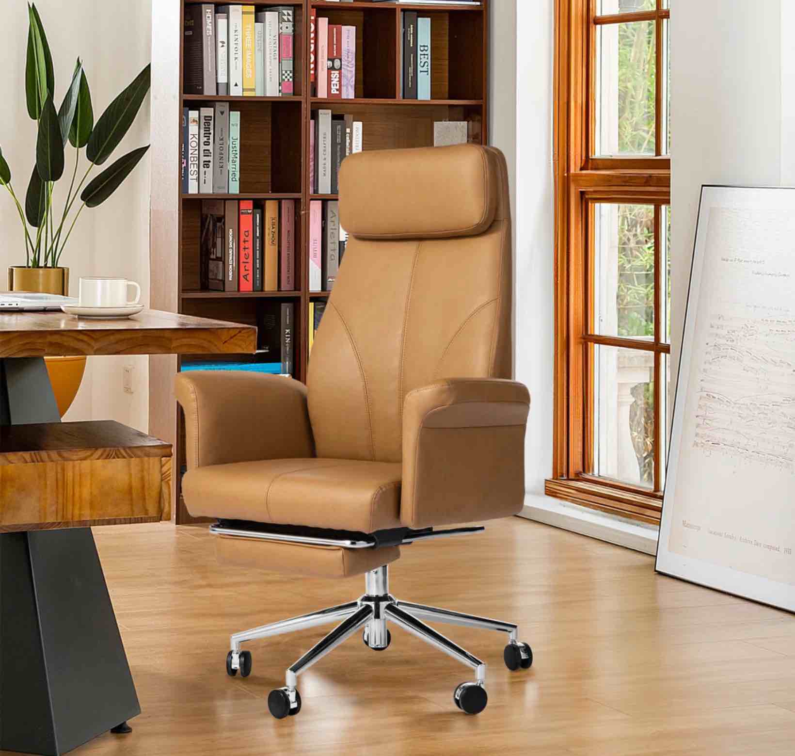 Modern Deluxe Faux Leather Gaslift Adjustable Swivel High Back Office Chair With Footrest And Armrest