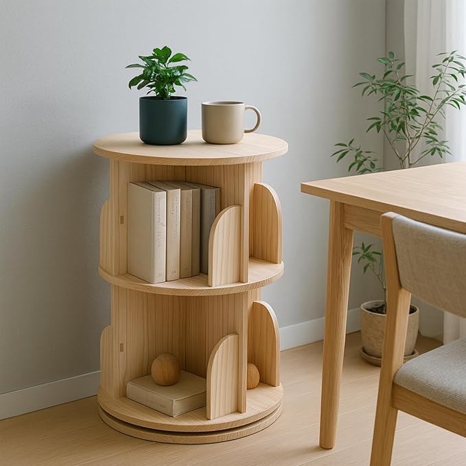Rotating Bookshelf - Solid Wood Rotating Bookshelf Tower With 2 Drawers, 2 Tier Small Bookshelf, 360 Display Spinning Bookshelf, Round Corner Book Shelf For Small Space, Bedroom, Living Room