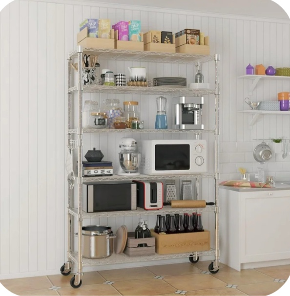 Ktaxon 6 Tier Wire Shelving with Wheels, 46"D x 18"W x 82"H Multifunctional Storage Rack Metal Garage Shelves Organizer, Capacity for 900lbs, Silver